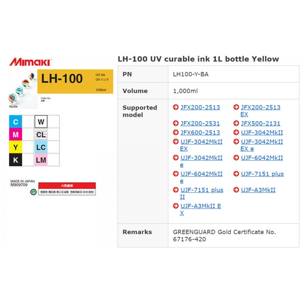 Original Mimaki  LH-100  UV curable ink 1000ml for mimaki UJV75-300/ UJV500-160/ UJF-3042MkII/ UJF-6042MkII /UJF-7151 with  chip